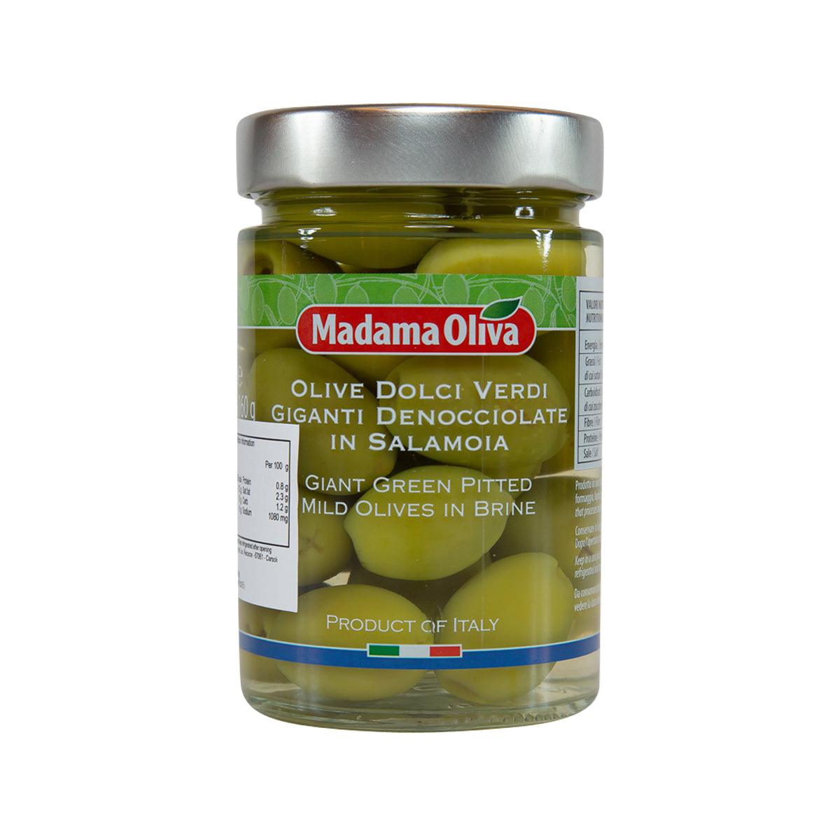 MADAMA OLIVA Giant Green Pitted Mild Olives in Brine (295g)