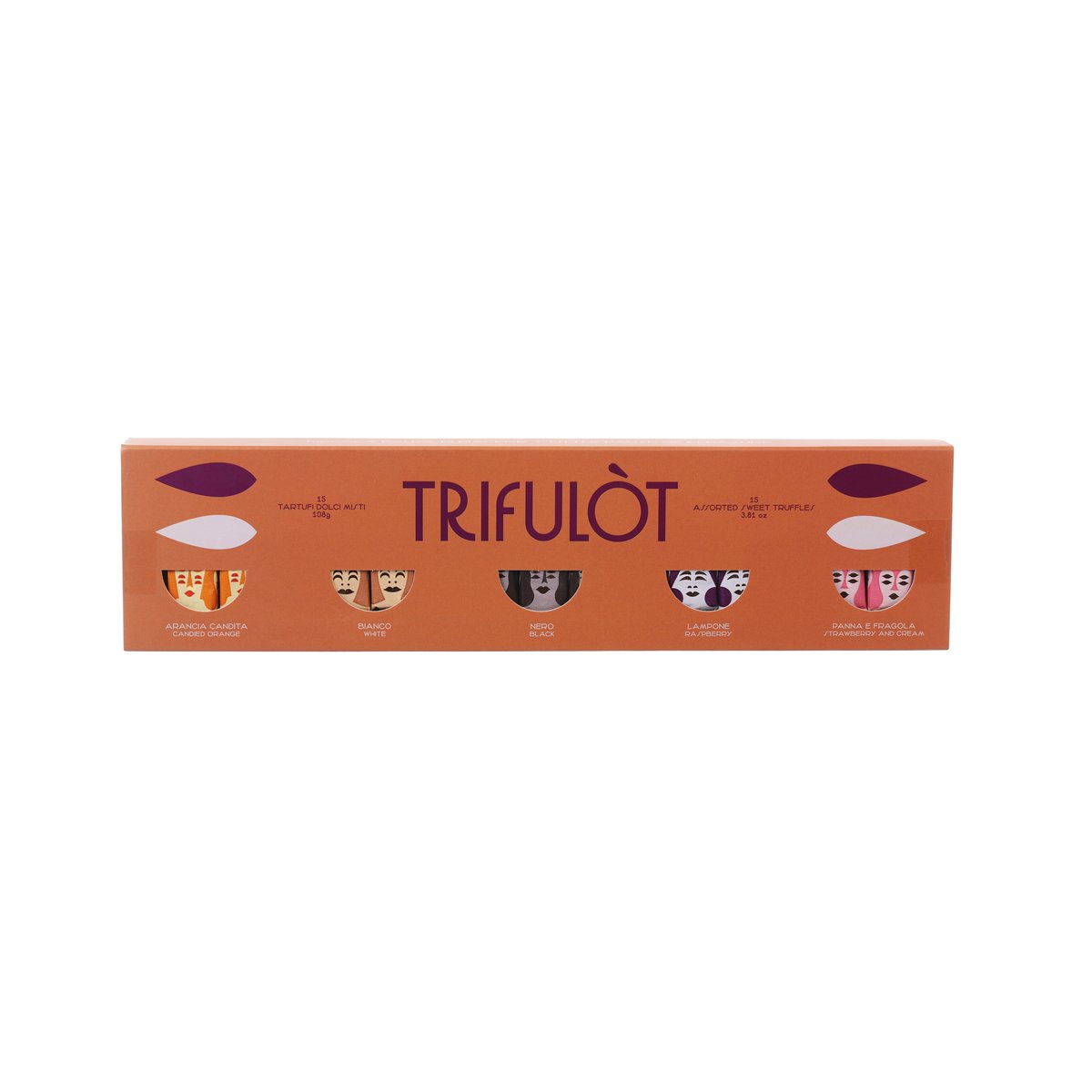 TRIFULÒT Assorted Pralines 5 Flavours - Black, White, Candied Orange, Strawberry & Cream, Raspberry  (108g)
